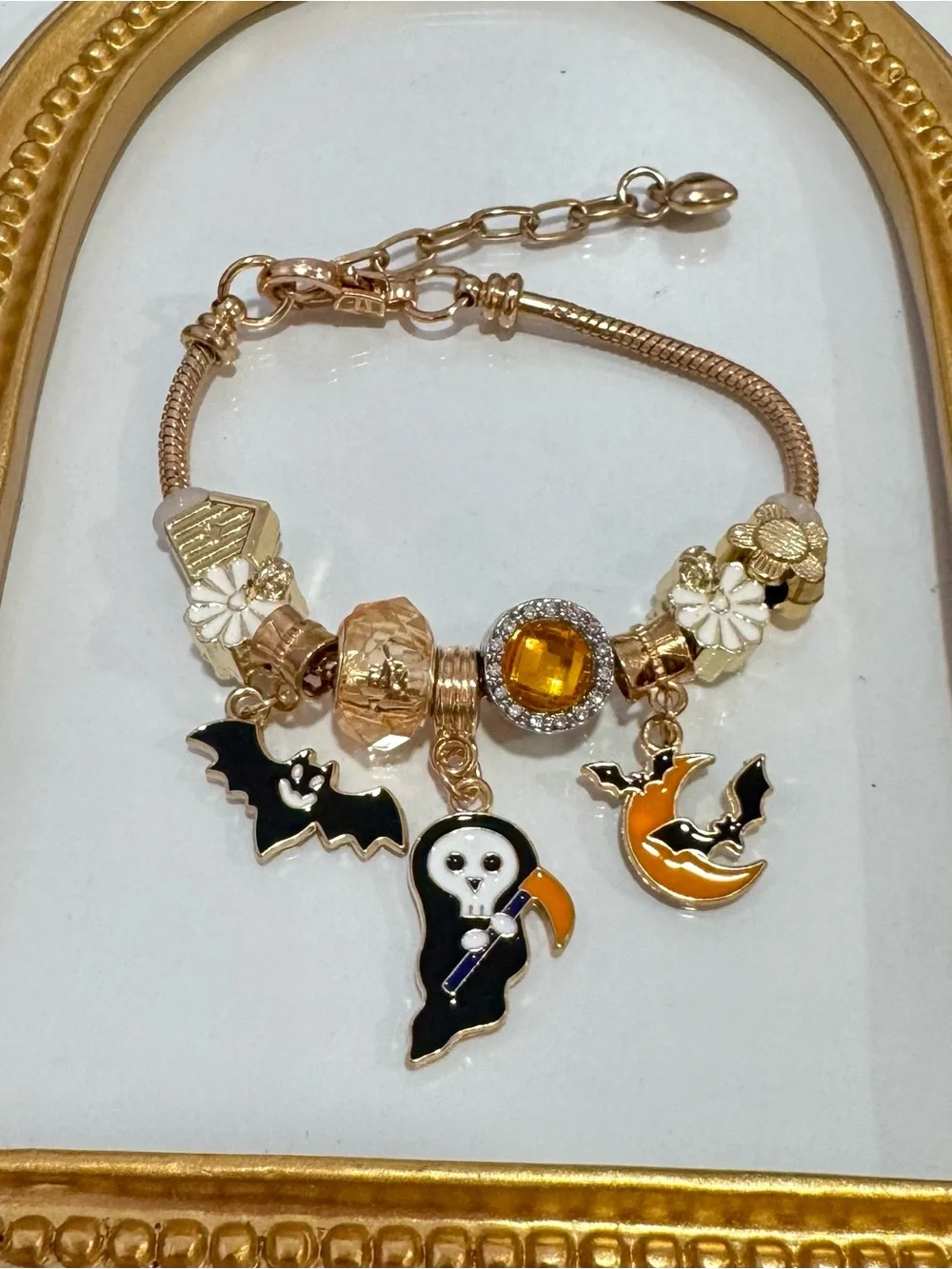 New Gold-Tone Halloween Charm Bracelet with Black & Orange Enamel Accents
